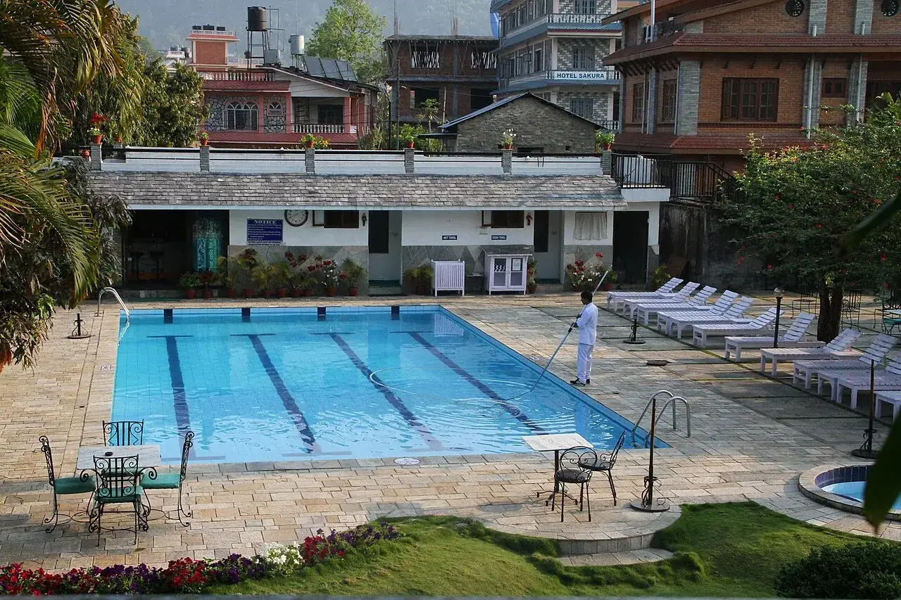 Hotel Barahi pool and grounds in Pokhara
