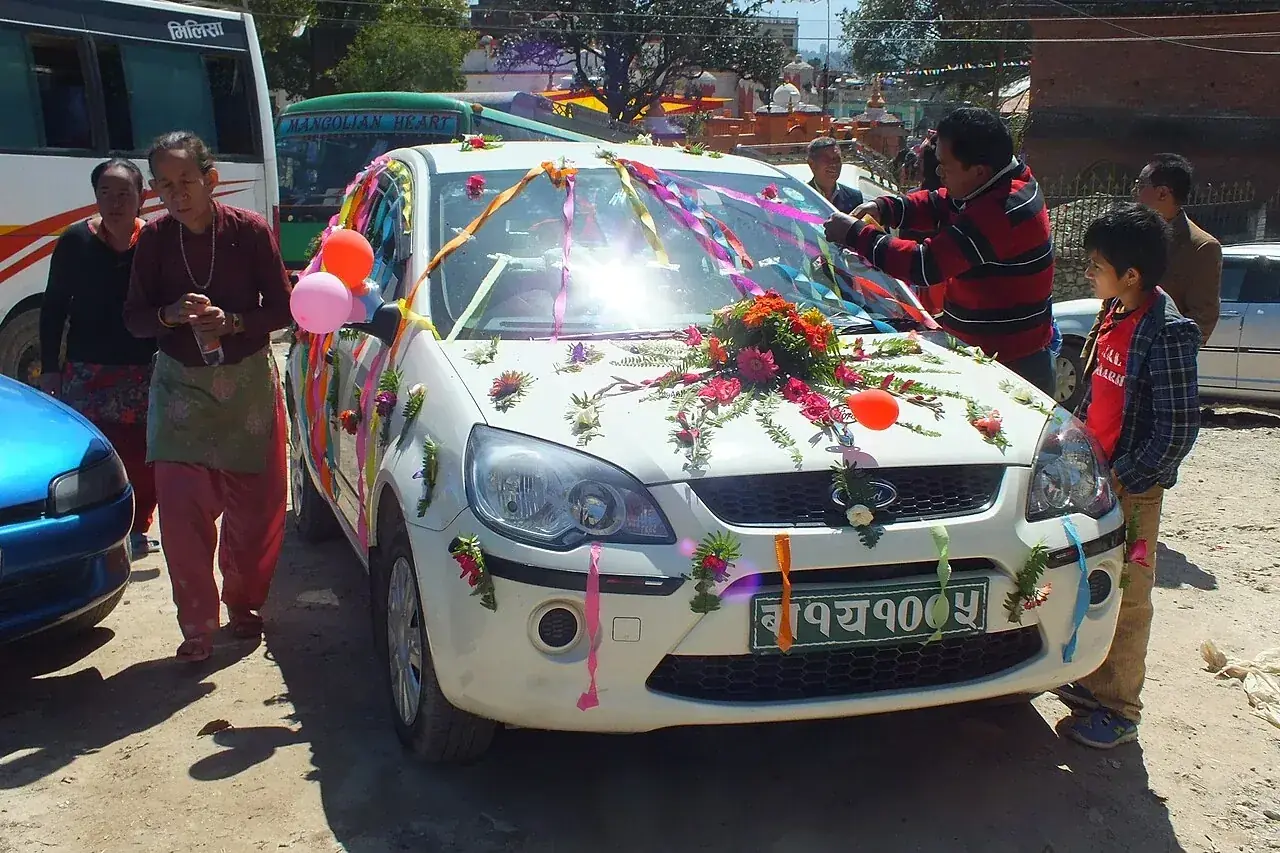 Decorated wedding car in Budhanilkantha, Nepal